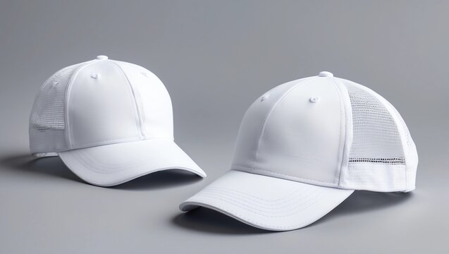 Two white baseball caps isolated on a gray background front and back view, white trucker hat mock up and template