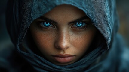 Naklejka premium Close-up portrait of a woman with striking blue eyes and a dark head covering.
