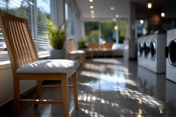 A serene laundry room featuring a wooden chair bathed in natural light, creating a calm and inviting atmosphere for everyday chores and relaxation.