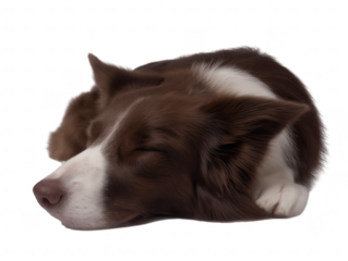 Brown and white dog sleeping on paws with transparent background