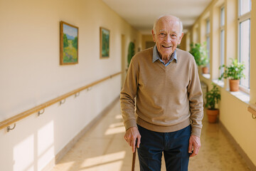 Elderly man smiling and walking in retirement home corridor