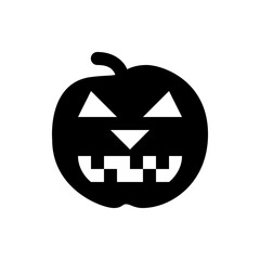 A black silhouette of a jack o lantern with triangular eyes and a blocky toothy grin on a white background