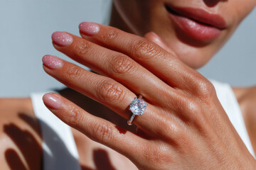 Woman showing off sparkling diamond ring on manicured hand