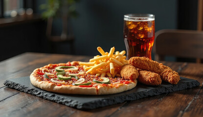 Delicious Pizza, French Fries, and Chicken Tenders Meal