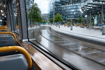 Obraz premium An interior view from a tram showcasing a winding track lined with trees and modern architecture, reflecting the dynamic pulse of urban life and transportation.