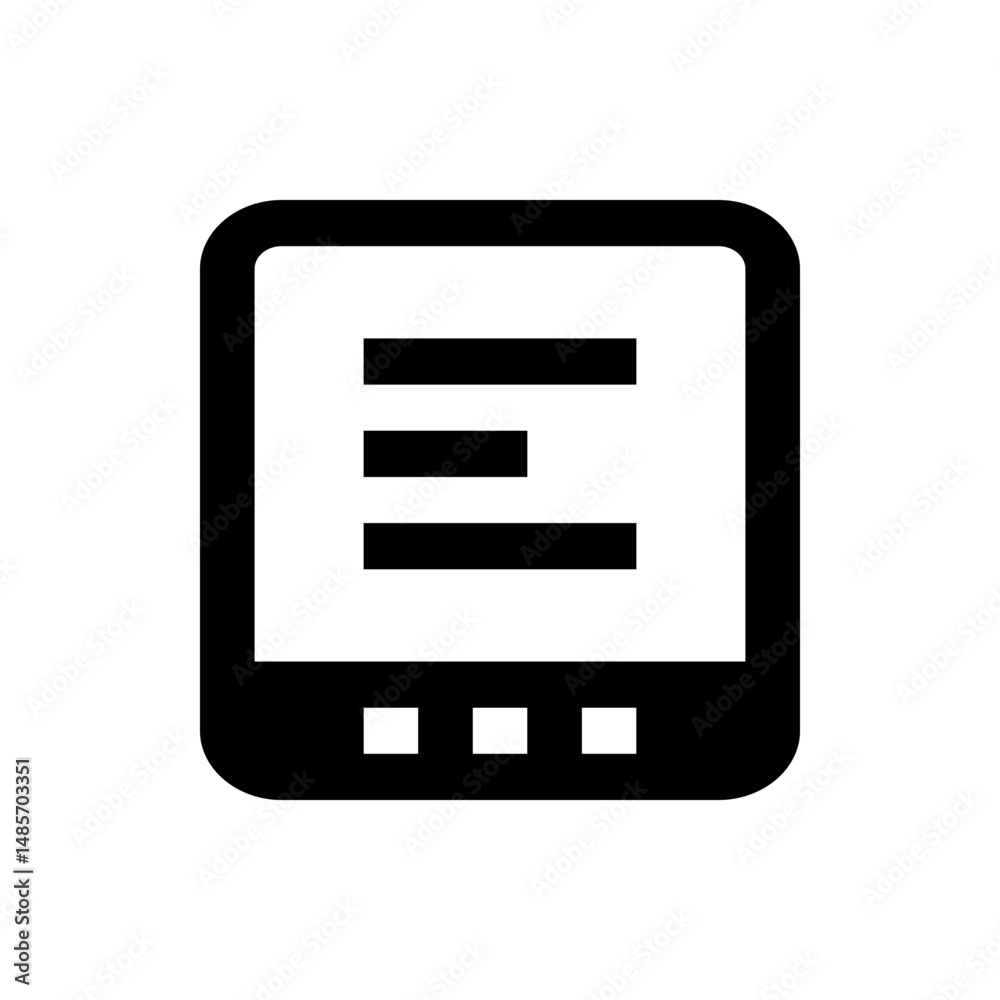 Poster illustration of a tablet device displaying horizontal lines and three square buttons at the bottom e