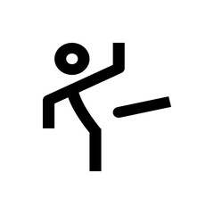 Stylized stick figure kicking with raised arm and circular head in a minimalist black and white design