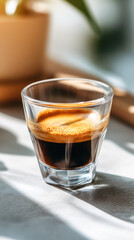 Close-up of freshly brewed espresso in a clear glass cup, showcasing rich crema and dark liquid, with soft natural light illuminating the scene
