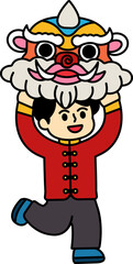 illustration of chinese boy showing lion dance