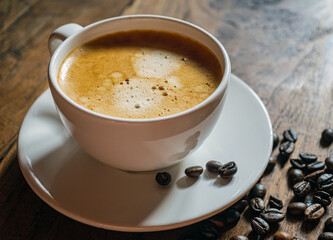 Coffee cup and coffee beans on wooden table, Espresso Crema coffee cup aromatic