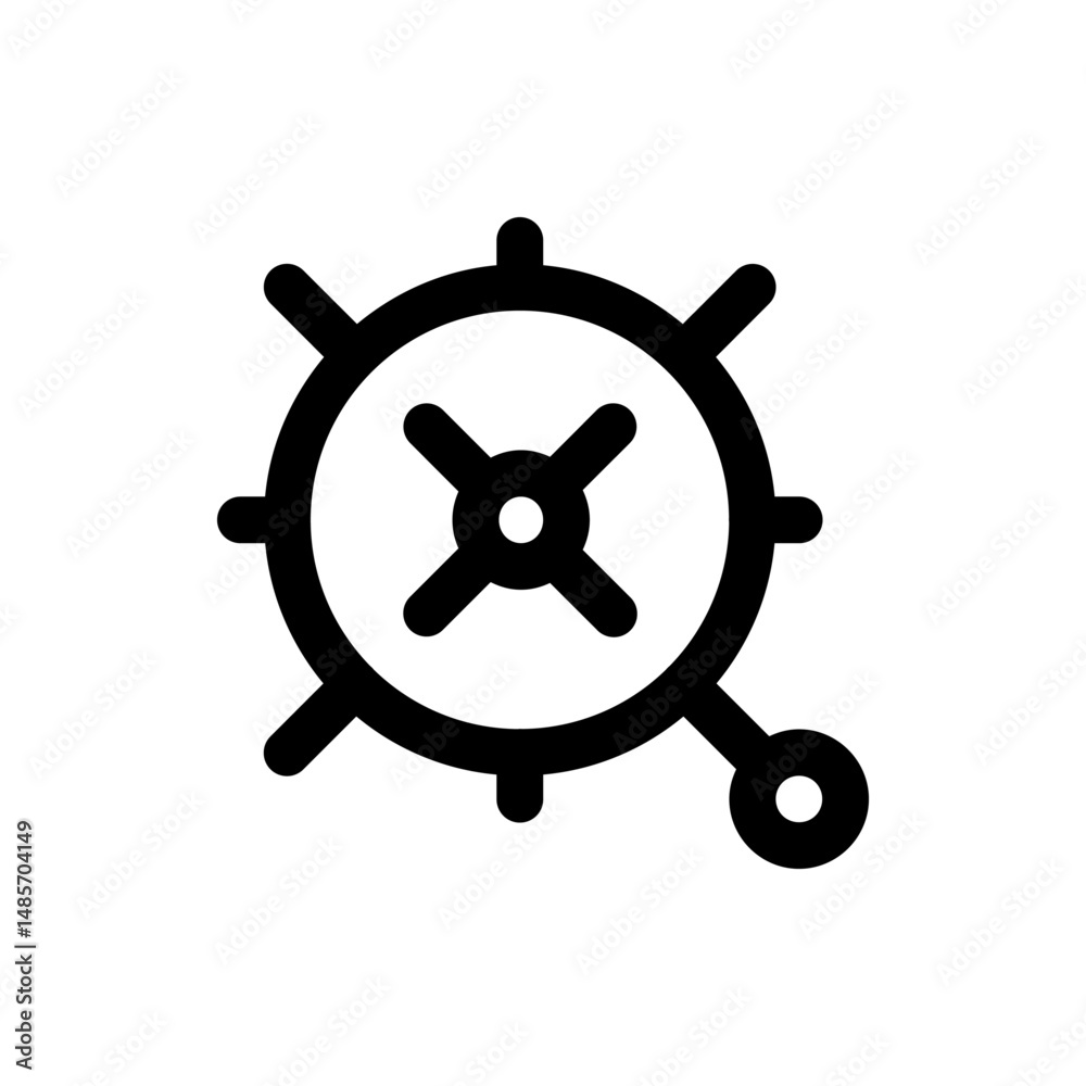 Poster illustration of a black outline circular object with cross shape and a small circle attached to it d