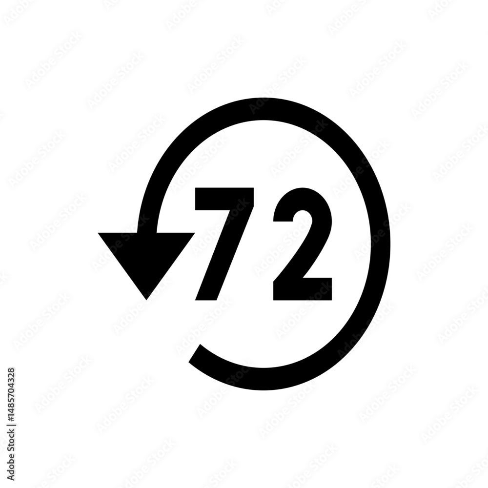 Poster seventy two in a circular arrow indicating a return or refresh action in black and white simple desi