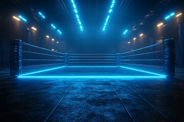 Illuminated boxing ring with futuristic blue neon lights in a dramatic dark arena