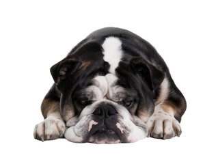 Obraz premium Single bulldog with wrinkled face and black and white coat reclining on transparent background