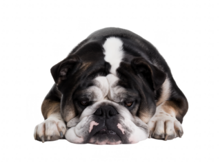 Single bulldog with wrinkled face and black and white coat reclining on transparent background