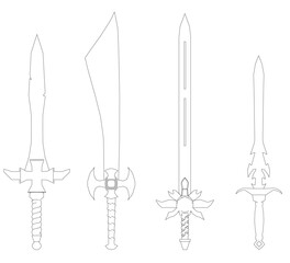 Four swords are shown in a line, with the first one being a long sword and the others being shorter. The swords are all white, and they are all lined up next to each other