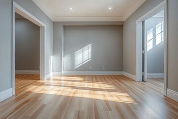 Obraz premium Bright empty modern room with light wooden flooring, neutral gray walls, white trim, and sunlight streaming through windows creating shadows on the floor