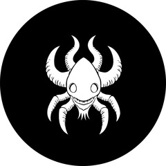 Stylized depiction of an otherworldly creature emblem set against stark backdrop