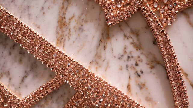 Overhead view of luxurious rhinestone embellishments arranged in a pattern on marble surface, showing craftsmanship and elegance.