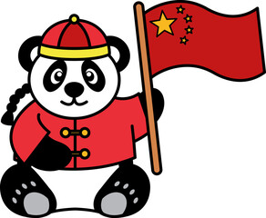 panda in traditional clothes holding a chinese flag