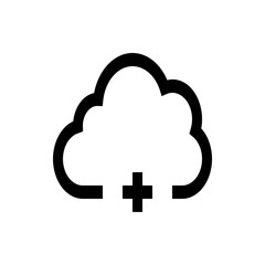 Black outline of a cloud shape with a plus sign below it on a white background in a simple vector art