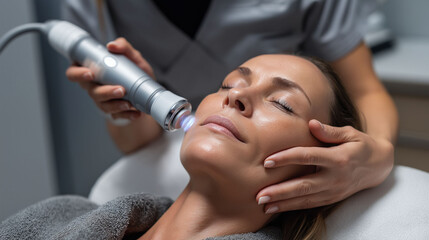 HIFU high-intensity ultrasound skin tightening. Non-invasive cancer treatment. Thermal ablation precision treatment. High-intensity ultrasound device in use