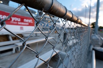 A close-up view of a chain link fence encircling empty stadium bleachers, raising themes of anticipation and the essence of sports culture in a solitary moment.
