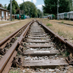 Fototapeta premium lyrical image of sunlight reflecting off the surface of a rusty railway track in a field of dry gras