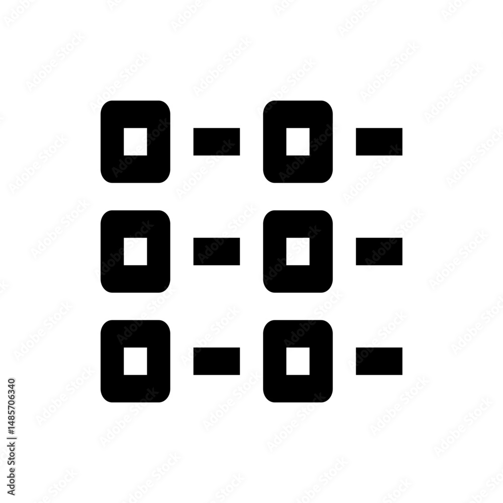 Poster black squares with white squares inside connected by rectangles in a grid pattern on white backgroun