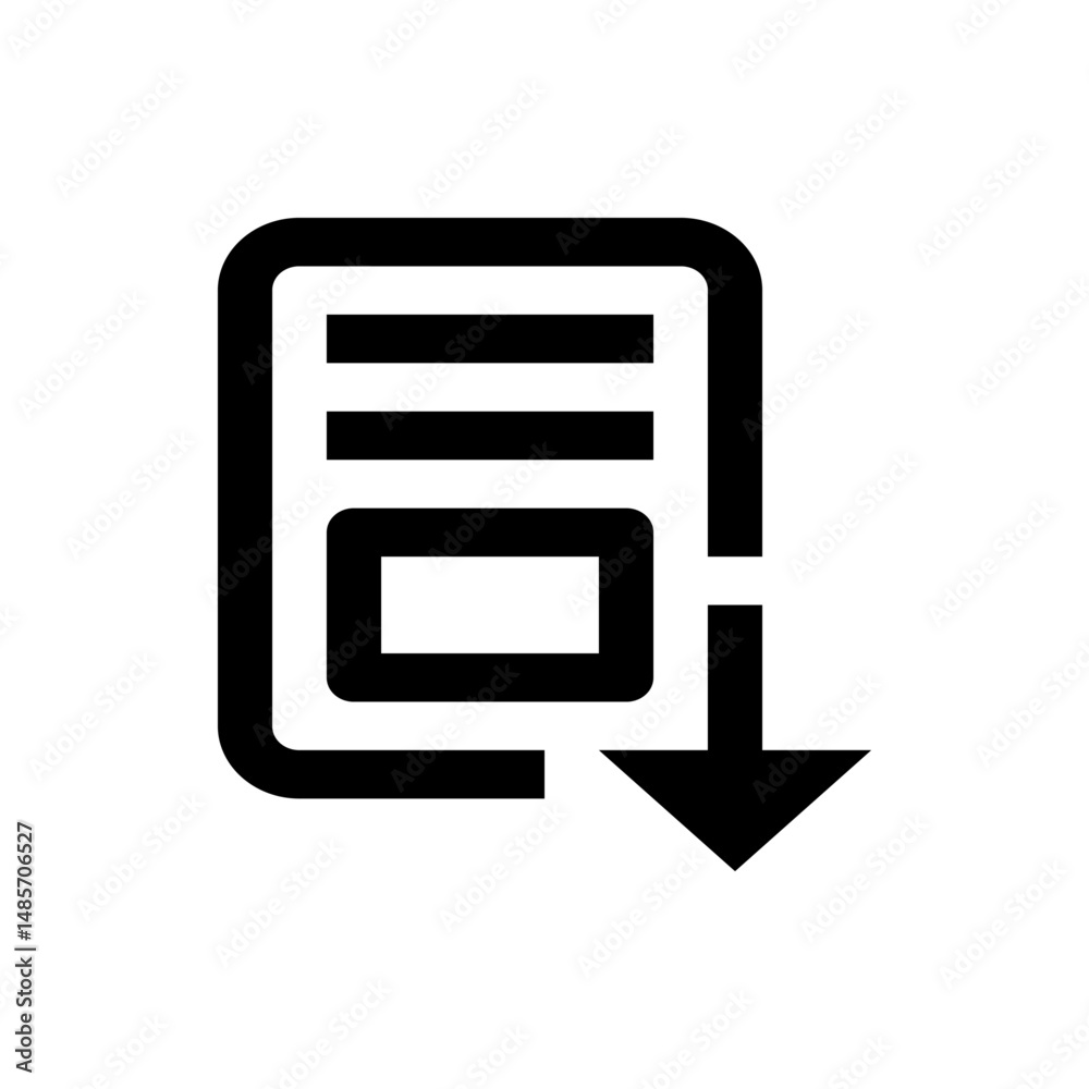 Poster black document icon with horizontal lines and a rectangle above a downward pointing arrow symbol ima