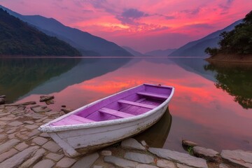 Obraz premium Boat on tranquil lake at sunset with vivid sky