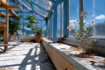 Fototapeta premium Inside a sunlit greenhouse, delicate flowers grow amidst a bright and airy setting, showcasing the beauty of nature and the importance of nurturing life.