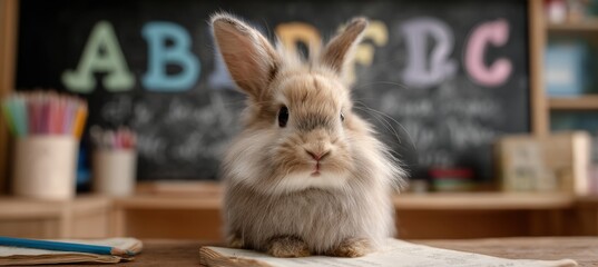 Fluffy Rabbit in Classroom with Chalkboard ABCs and Pastel Decor