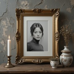 Old brass frame with a black-and-white photo against a plastered wall, candle and herbal ceramics nearby, earthy vintage style.