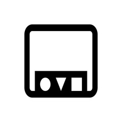 Illustration of a rectangular screen with rounded corners and geometric shapes below it in black and white