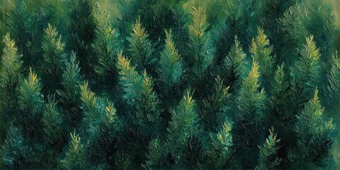 Dense forest of lush evergreen coniferous trees with vibrant green foliage and textured branches, evoking a serene and natural atmosphere