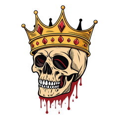 A regal human skull, adorned with a dripping golden crown, blood cascading down its bony surface; dark, dramatic lighting.