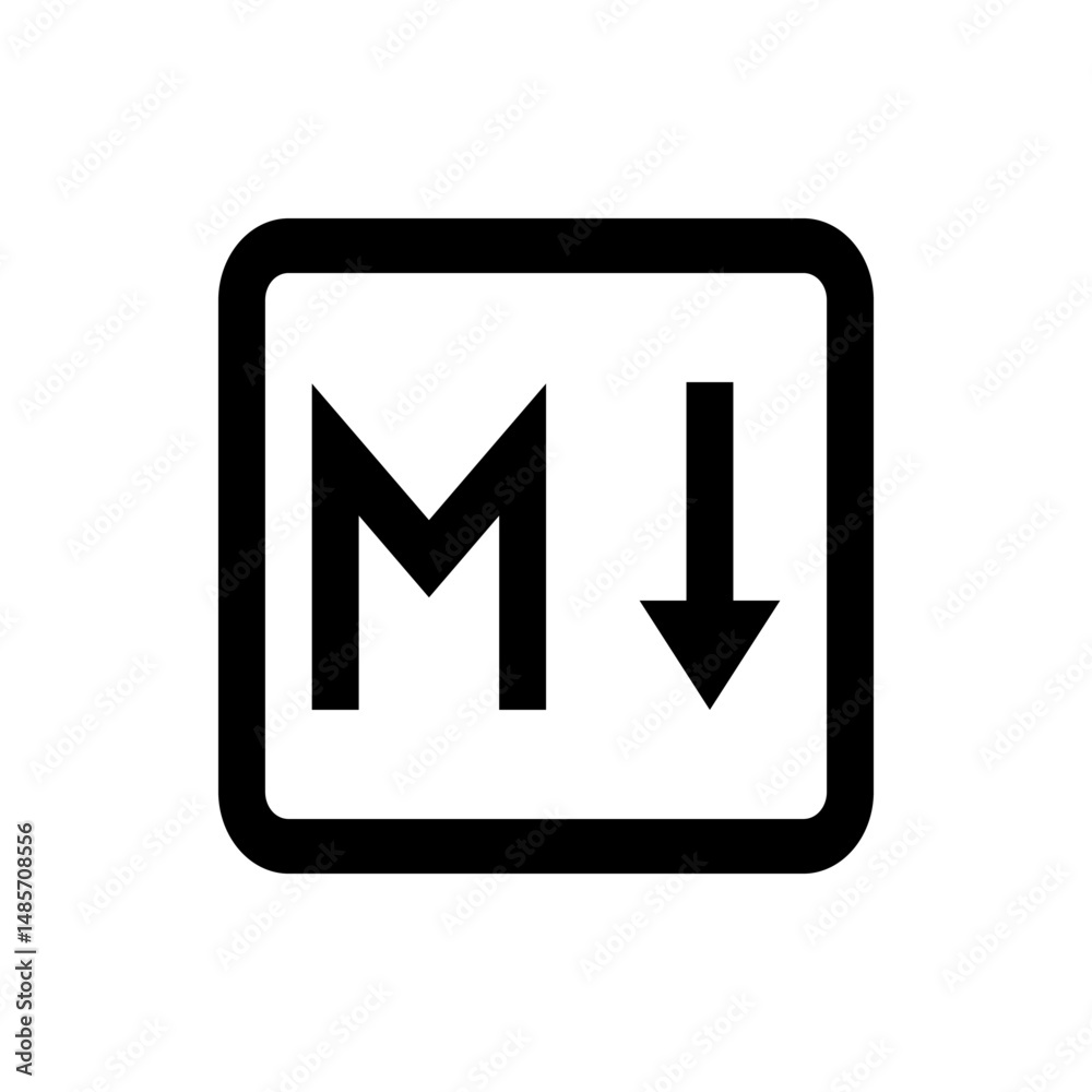 Poster letter m and down arrow inside a rounded square shape representing a function or control panel icon