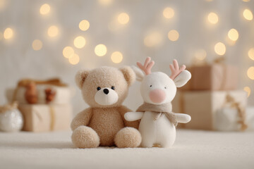 Fototapeta premium cozy christmas scene featuring soft toys like teddy bears and plush reindeer surrounded by festive decorations