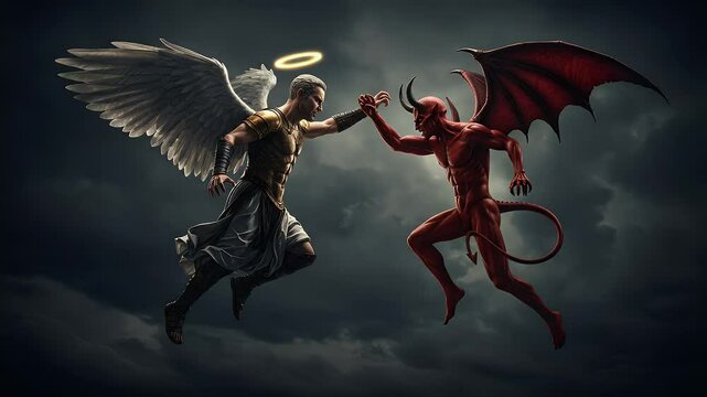 Angel Fighting Devil in Epic Battle against Dark Sky Background