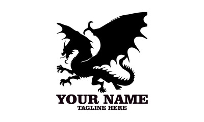 Mythical dragon silhouette with large wings and curled tail in flight pose on white background. Fantasy concept