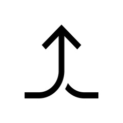 Black arrow pointing upwards with two curved lines merging into the arrow on a white background image