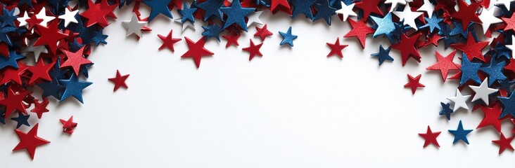 Festive Red White and Blue Star Confetti on White Background