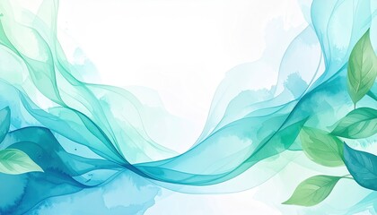 Fototapeta premium Serene Aqua Watercolor Waves with Green Leaves Abstract Nature Background Design