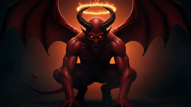 Red Creature with Wings and Fiery Halo Crouching
