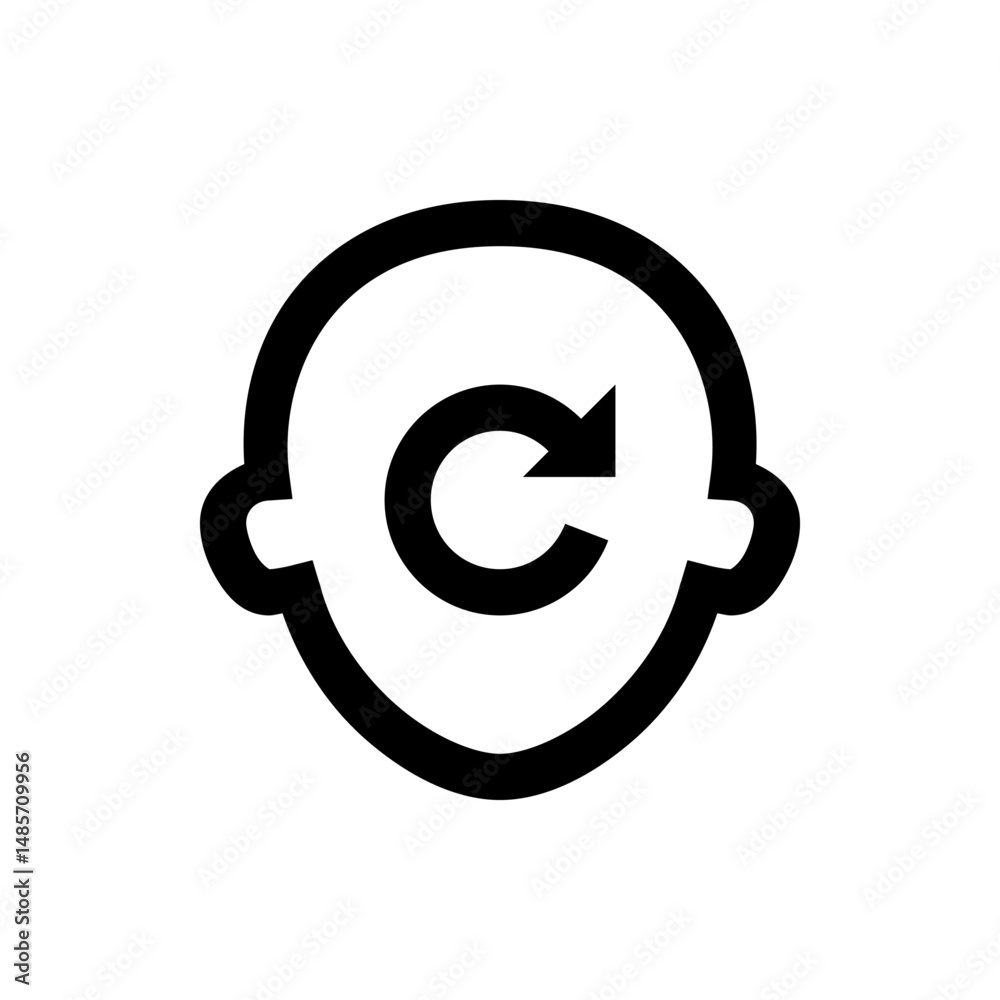 Poster outline of a head with an arrow rotating clockwise inside the head representing refresh or reload pr