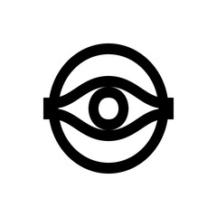 Black and white graphic illustration of a stylized eye inside a circle with horizontal lines design element