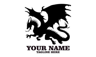 Mythical dragon silhouette with large wings and curled tail in flight pose on white background. Fantasy concept