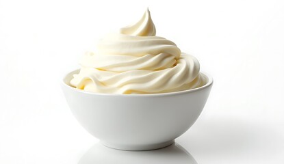 Deliciously swirled soft serve ice cream dessert in a white ceramic bowl isolated