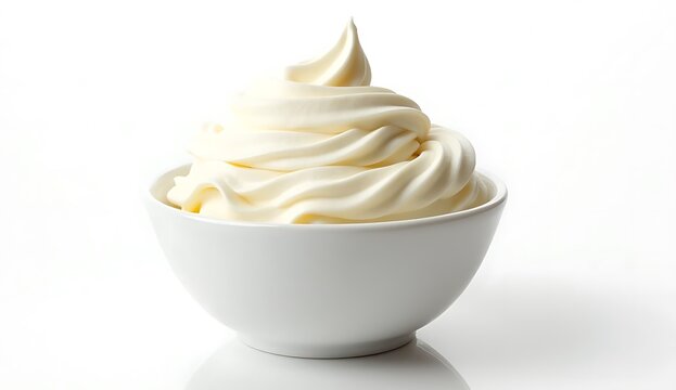 Deliciously swirled soft serve ice cream dessert in a white ceramic bowl isolated